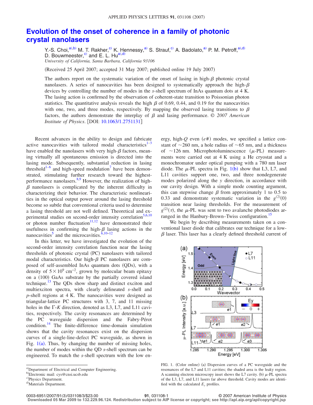 Evolution of the Onset of Coherence in a Family of Photonic Crystal Nanolasers ͒ ͒ ͒ ͒ ͒ ͒ ͒ ͒ Y.-S