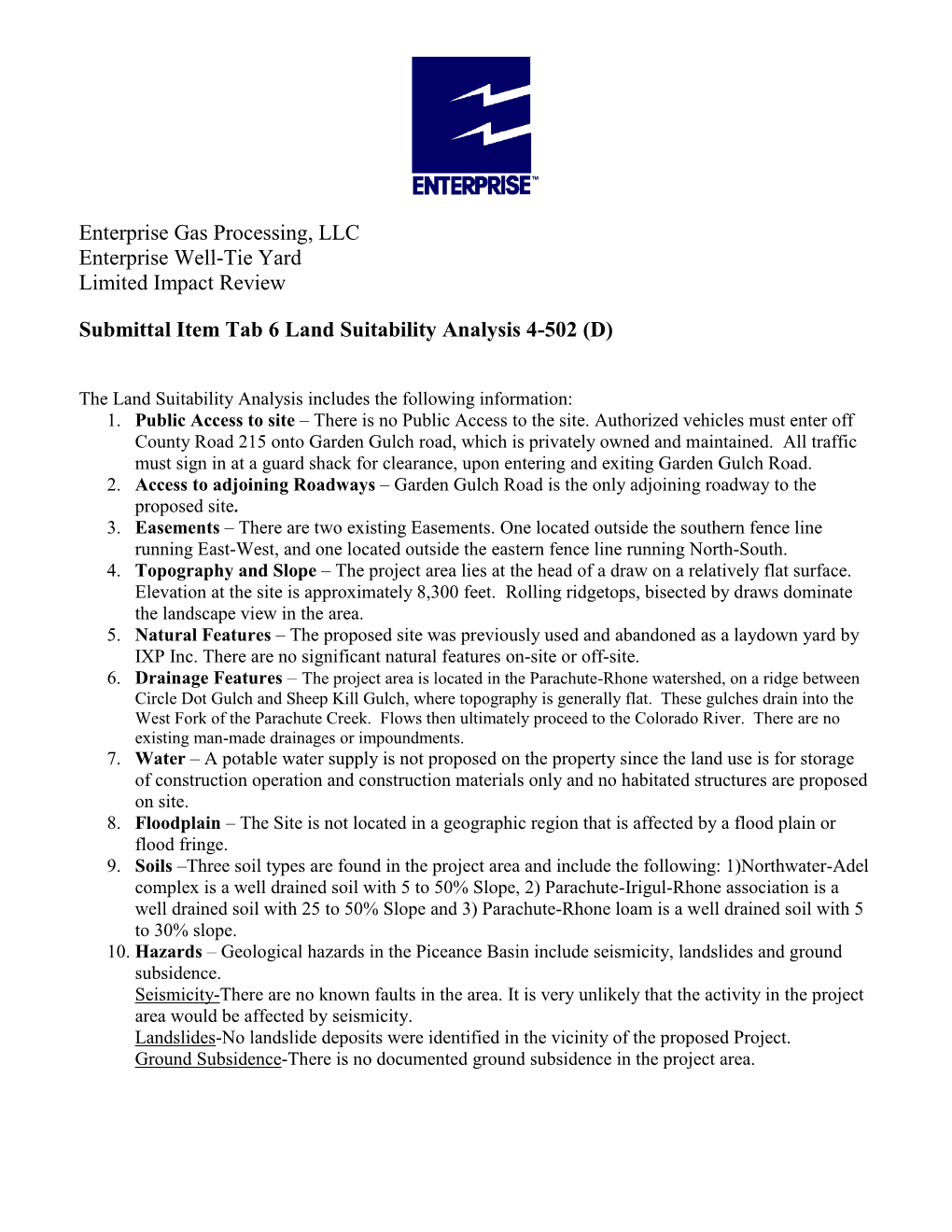 Enterprise Gas Processing, LLC Enterprise Well-Tie Yard Limited Impact Review