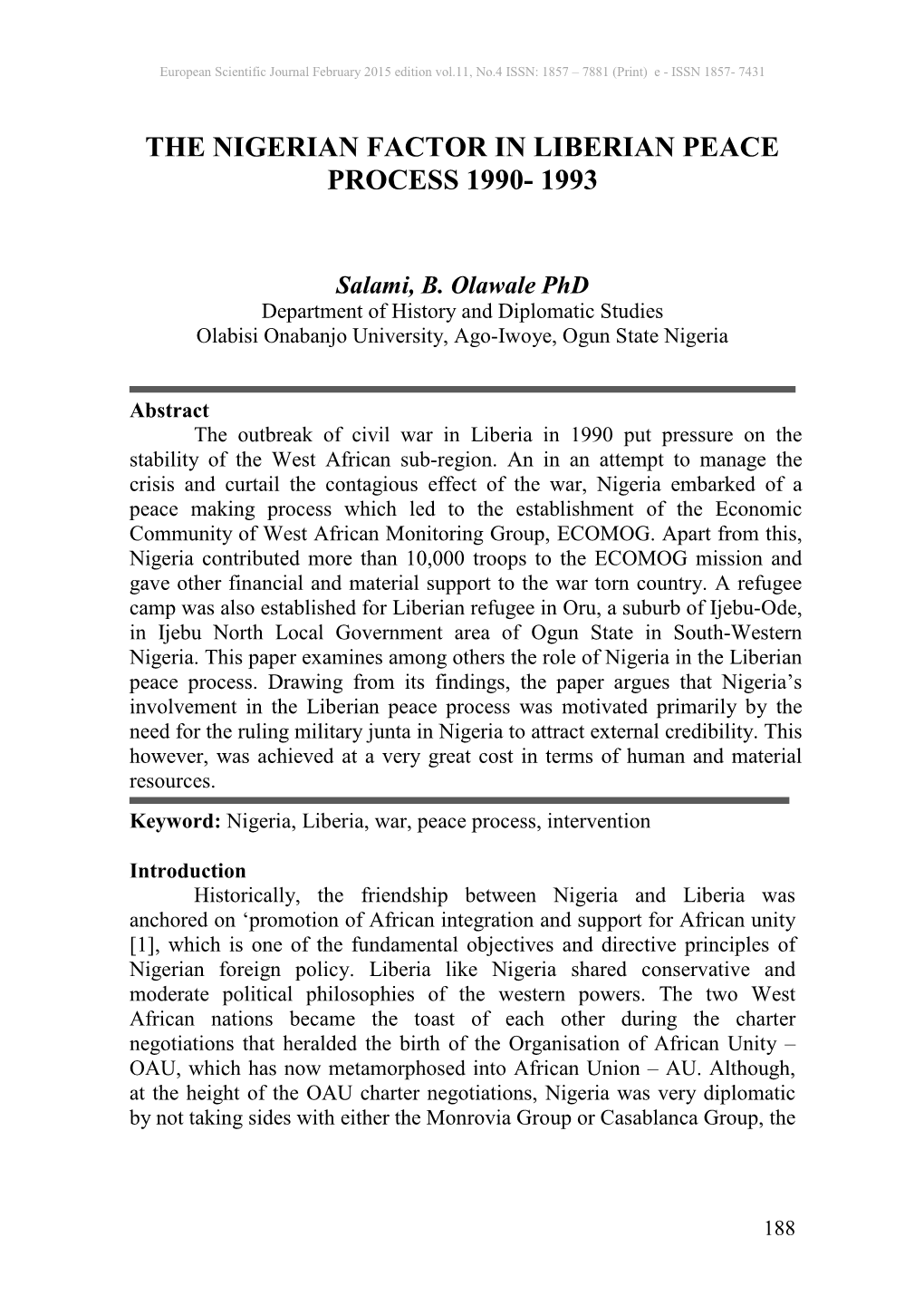 The Nigerian Factor in Liberian Peace Process 1990- 1993