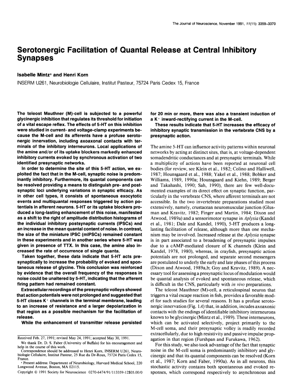 Serotonergic Facilitation of Quanta1 Release at Central Inhibitory Synapses