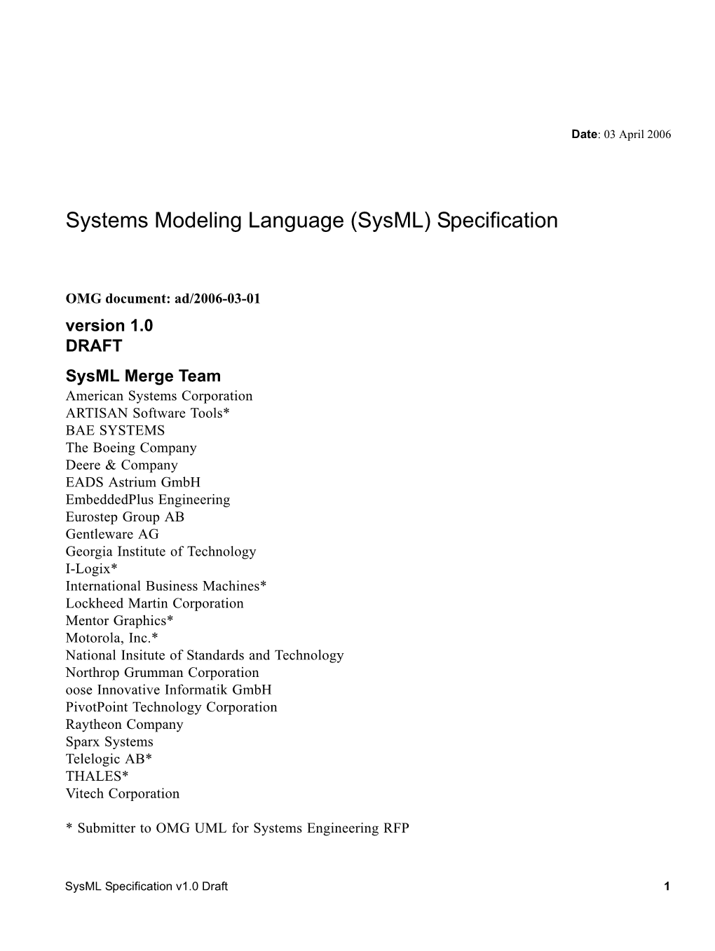 Systems Modeling Language (Sysml) Specification