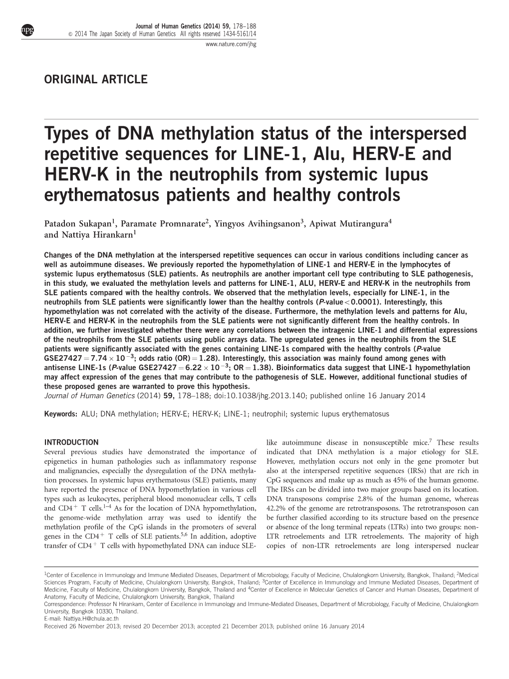 Types of DNA Methylation Status of the Interspersed Repetitive Sequences for LINE-1, Alu, HERV-E and HERV-K in the Neutrophils F