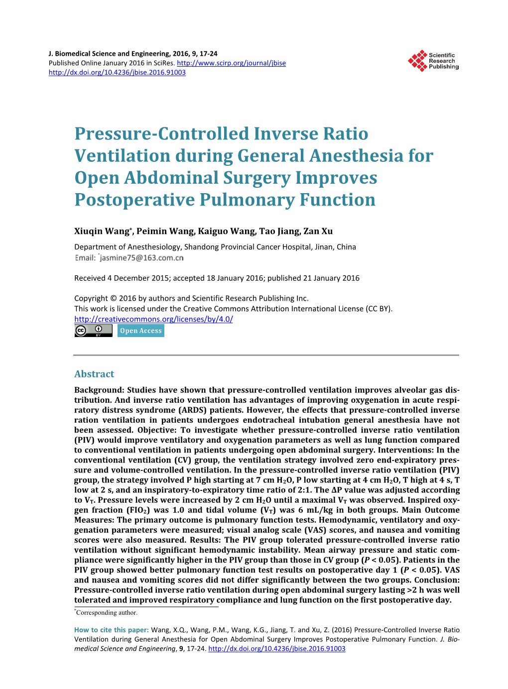 Pressure-Controlled Inverse Ratio Ventilation During General Anesthesia for Open Abdominal Surgery Improves Postoperative Pulmonary Function