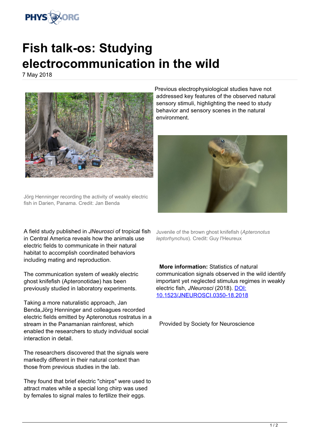 Fish Talk-Os: Studying Electrocommunication in the Wild 7 May 2018