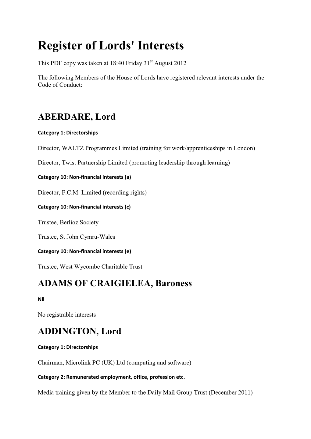 Register of Lords' Interests