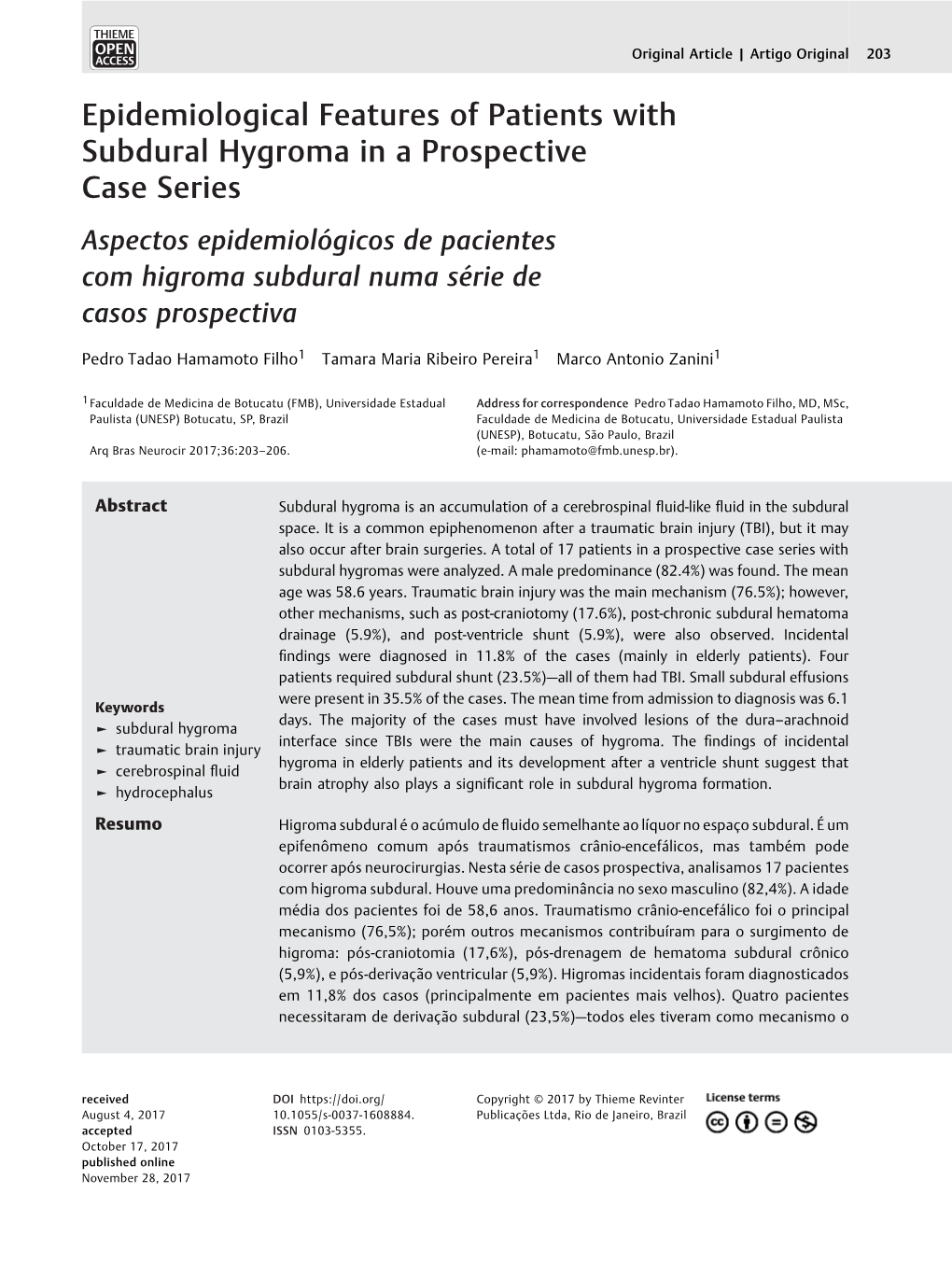 Epidemiological Features of Patients with Subdural Hygroma in A