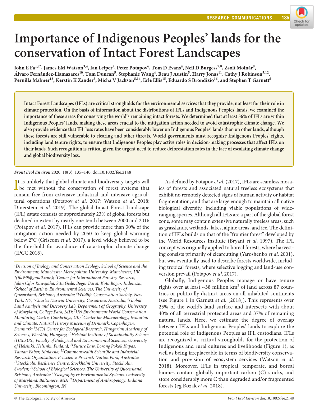 Importance of Indigenous Peoples' Lands for the Conservation of Intact