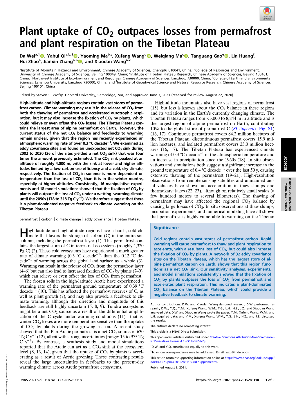 Plant Uptake of CO2 Outpaces Losses from Permafrost and Plant Respiration on the Tibetan Plateau