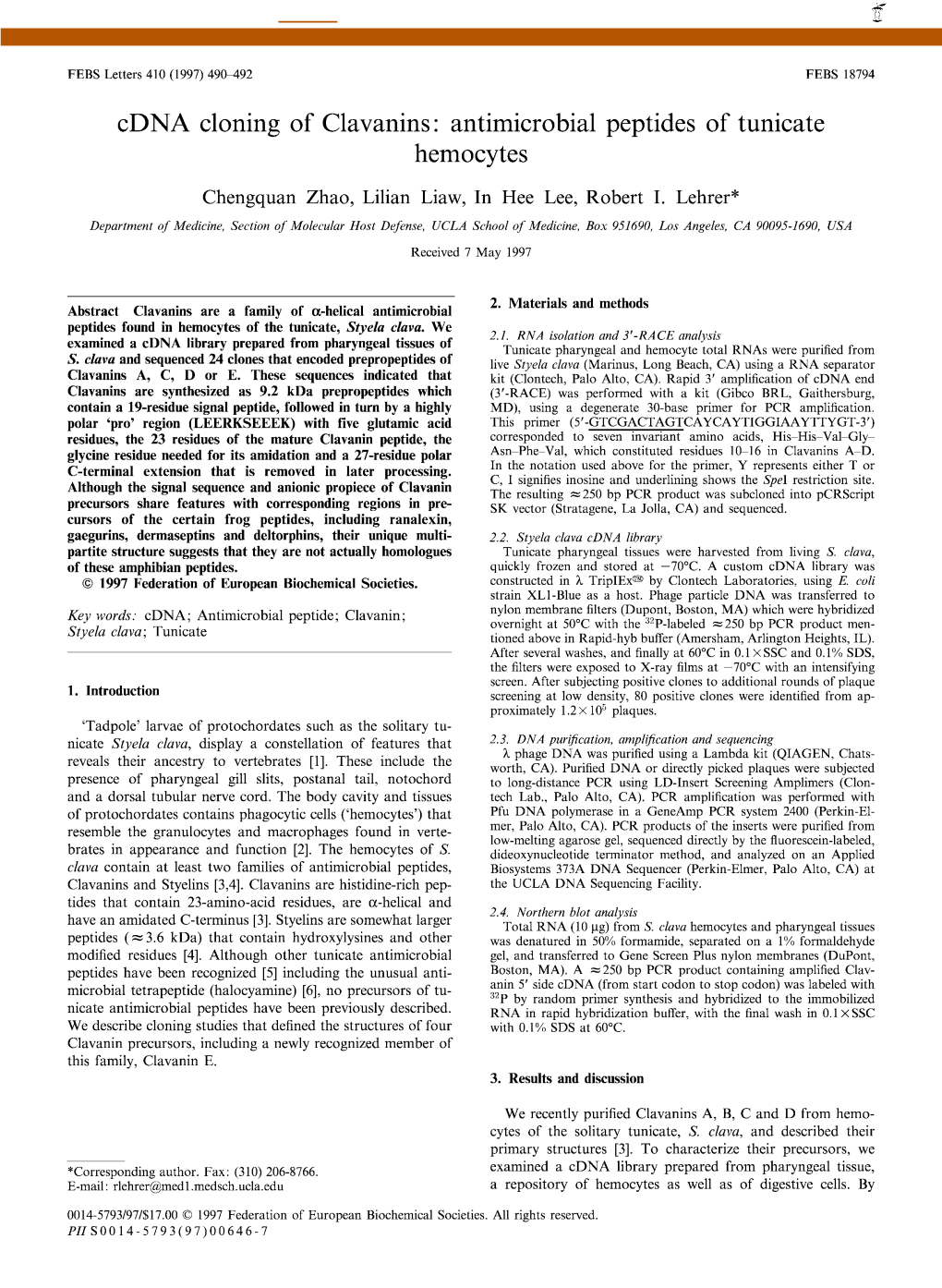 Cdna Cloning of Clavanins: Antimicrobial Peptides of Tunicate Hemocytes