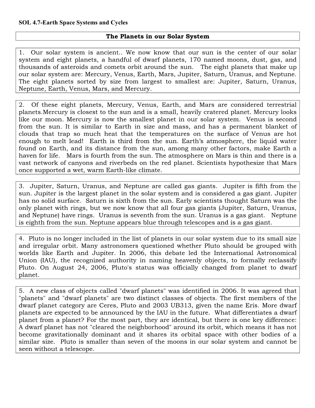 SOL 4.7-Earth Space Systems and Cycles the Planets in Our Solar