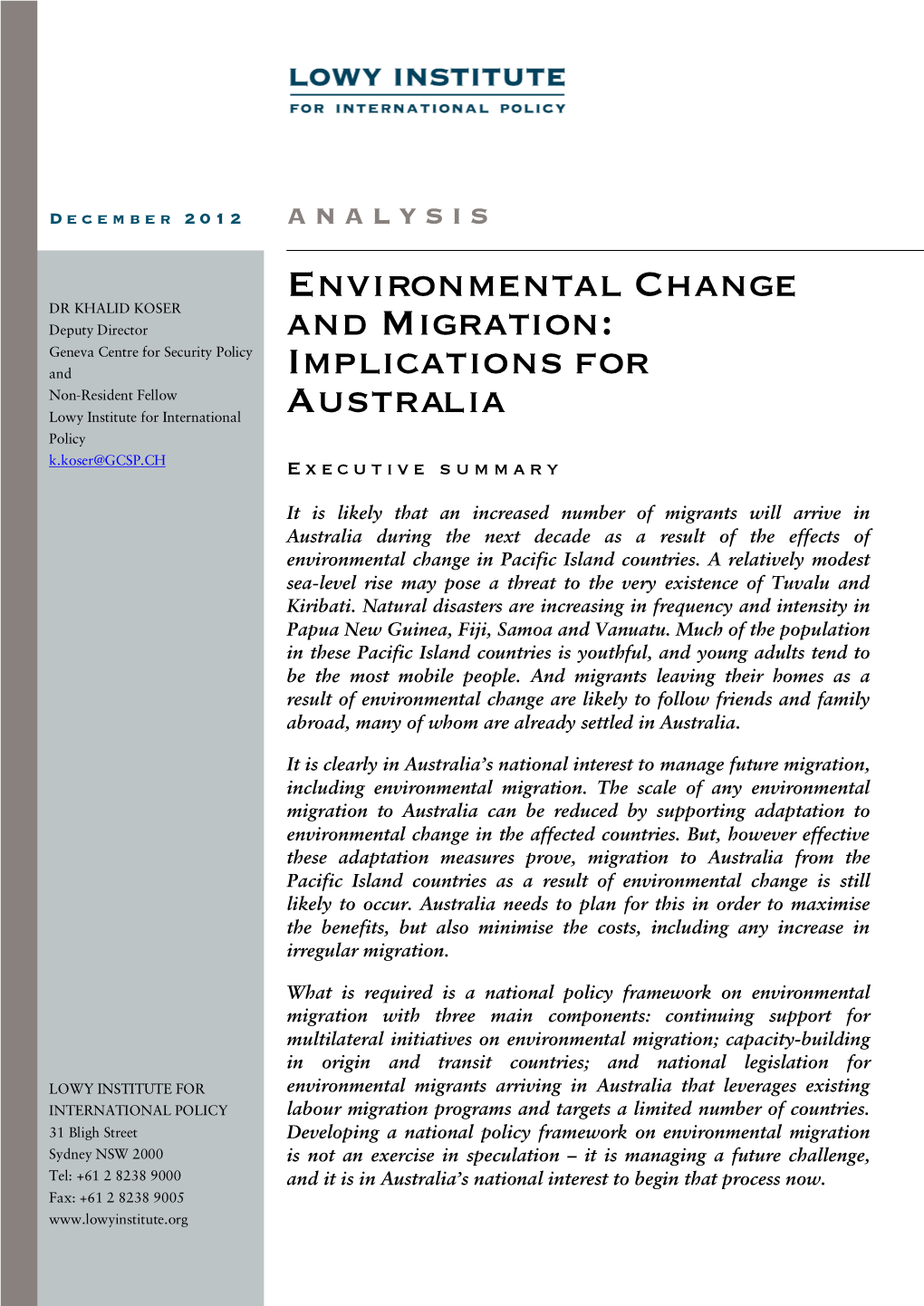 Environmental Change and Migration: Implications for Australia