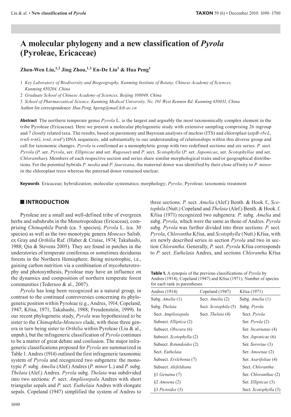 A Molecular Phylogeny and a New Classification of Pyrola (Pyroleae, Ericaceae)