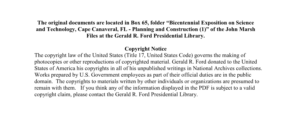 Bicentennial Exposition on Science and Technology, Cape Canaveral, FL - Planning and Construction (1)” of the John Marsh Files at the Gerald R
