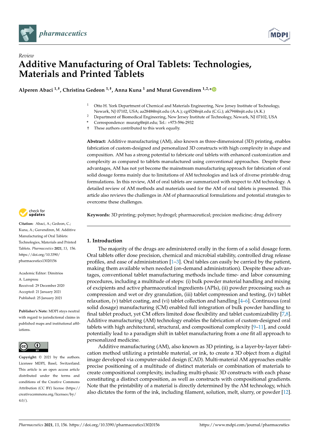 Additive Manufacturing of Oral Tablets: Technologies, Materials and Printed Tablets