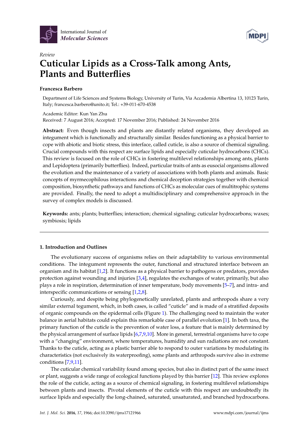 Cuticular Lipids As a Cross-Talk Among Ants, Plants and Butterflies