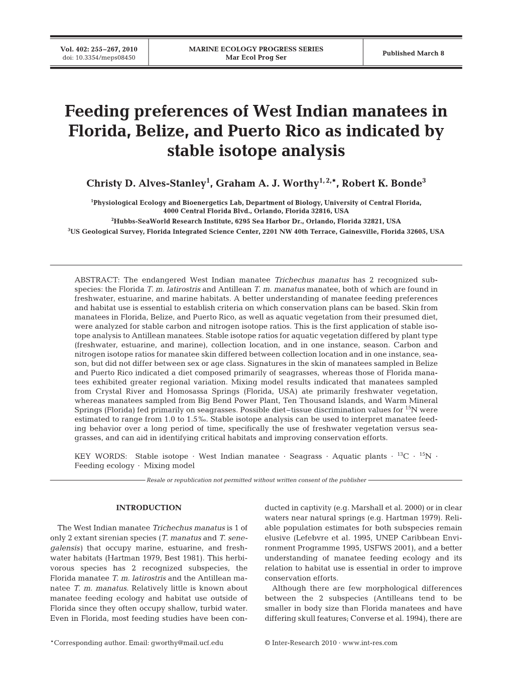 Feeding Preferences of West Indian Manatees in Florida, Belize, and Puerto Rico As Indicated by Stable Isotope Analysis