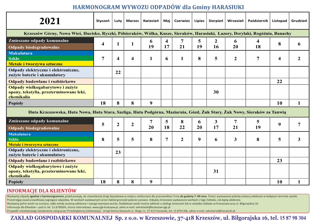 HARMONOGRAM WYWOZU ODPADÓW Dla Gminy HARASIUKI