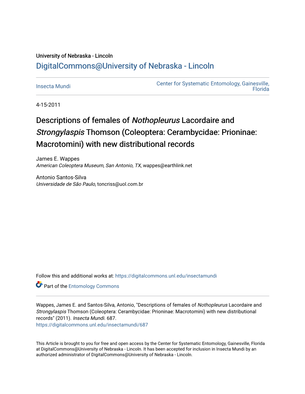 Descriptions of Females of &lt;I&gt;Nothopleurus&lt;/I&gt; Lacordaire