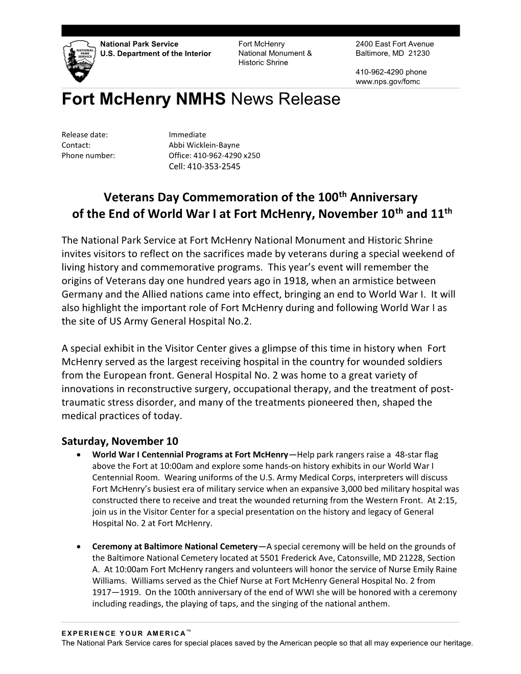 Fort Mchenry NMHS News Release