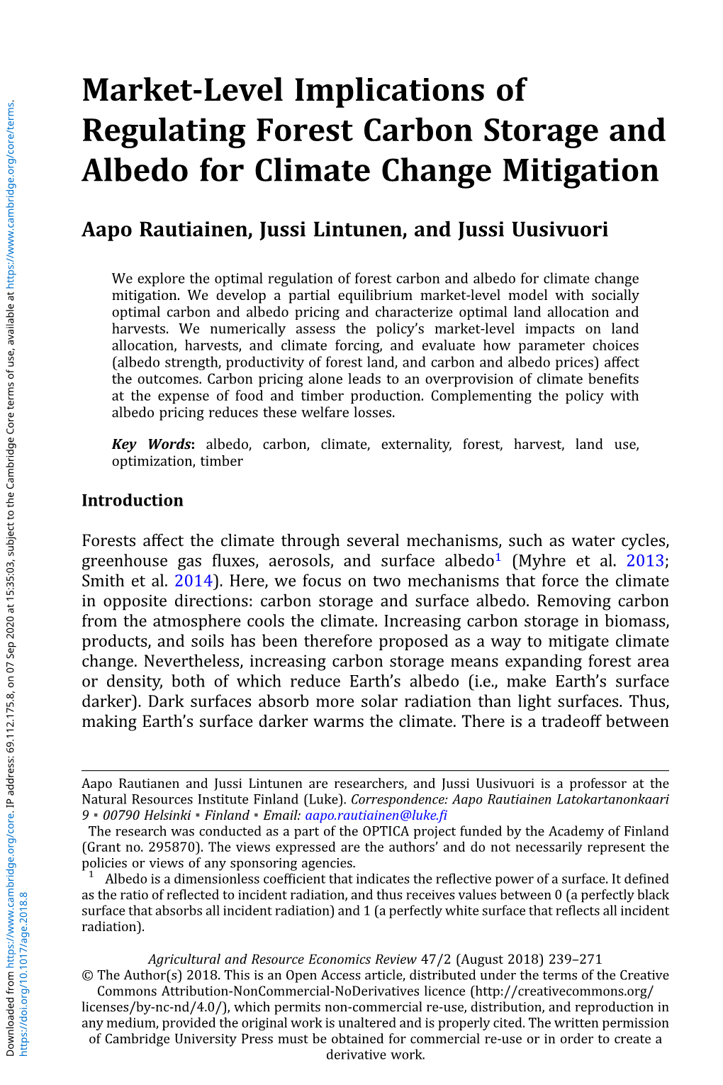 Market-Level Implications of Regulating Forest Carbon Storage and Albedo for Climate Change Mitigation