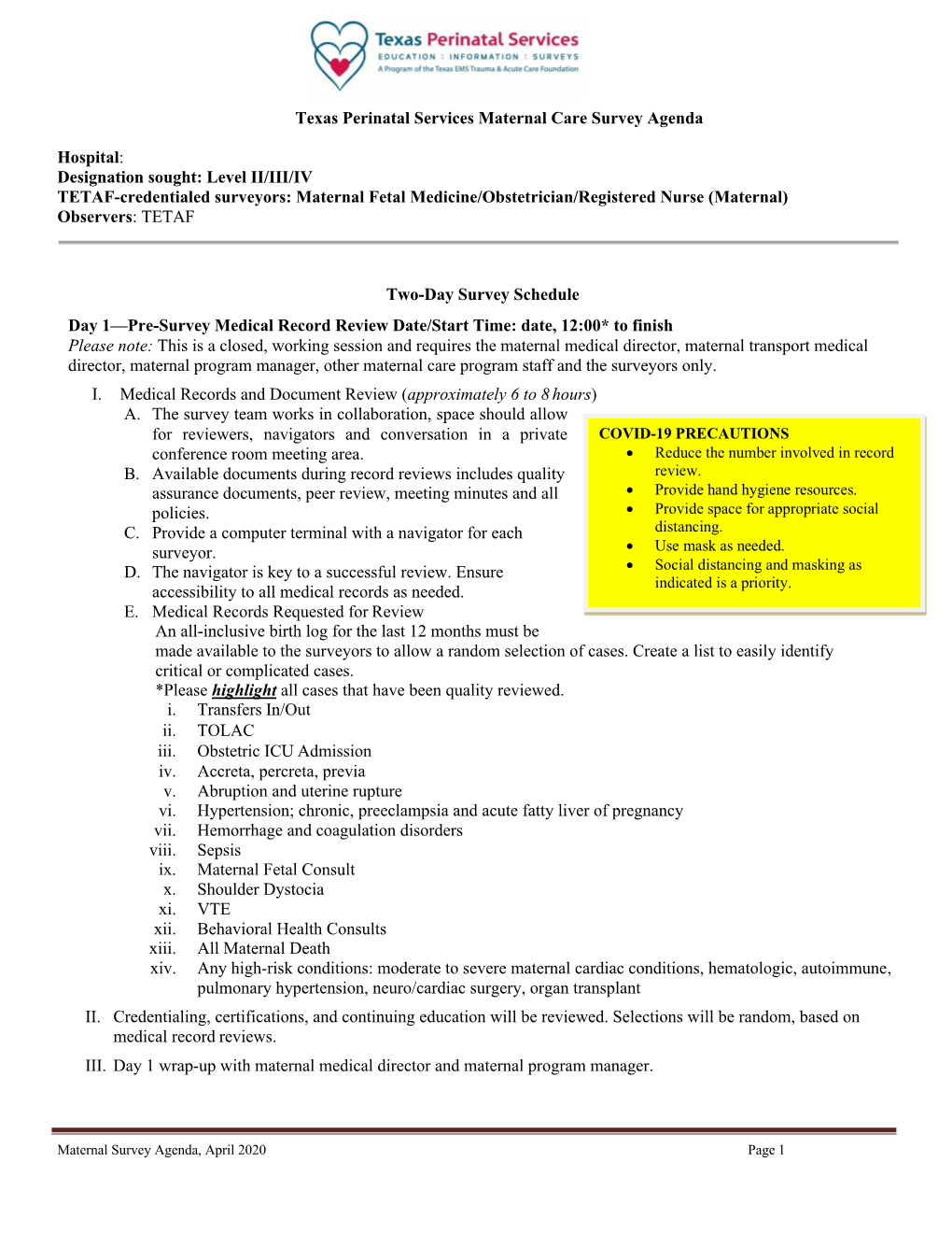 Texas Perinatal Services Maternal Care Survey Agenda Hospital