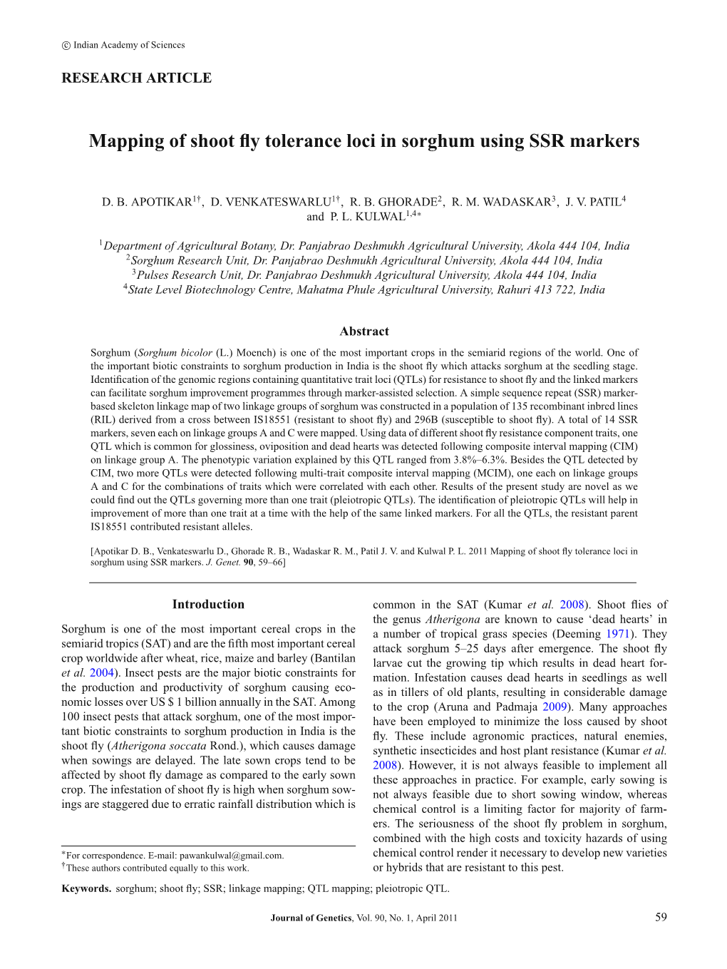 Mapping of Shoot Fly Tolerance Loci in Sorghum Using SSR Markers