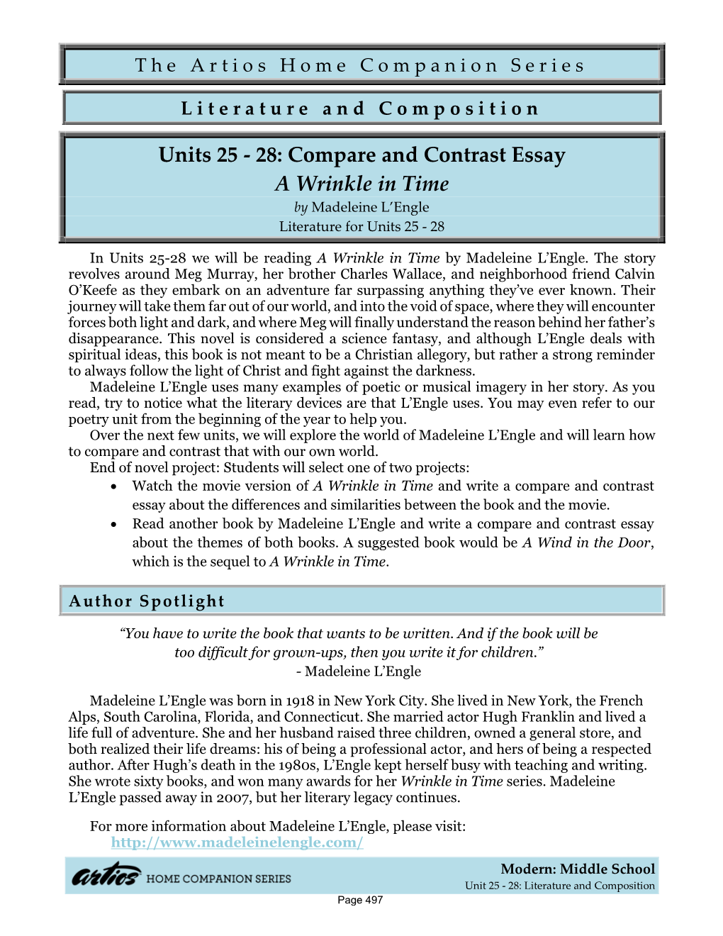 Units 25 - 28: Compare and Contrast Essay a Wrinkle in Time by Madeleine L’Engle Literature for Units 25 - 28