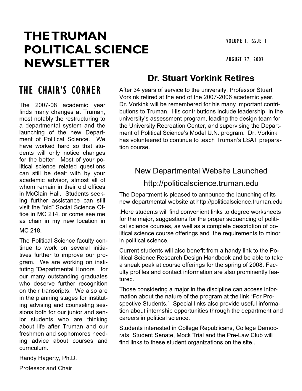 Newslettervol I No 1