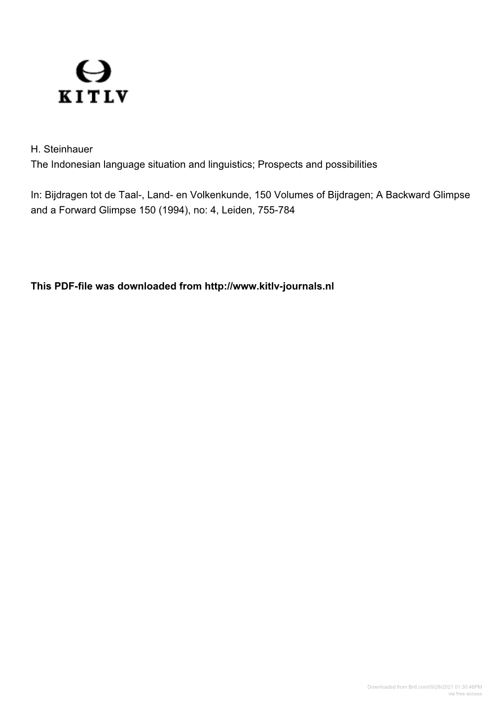 H. Steinhauer the Indonesian Language Situation and Linguistics; Prospects and Possibilities