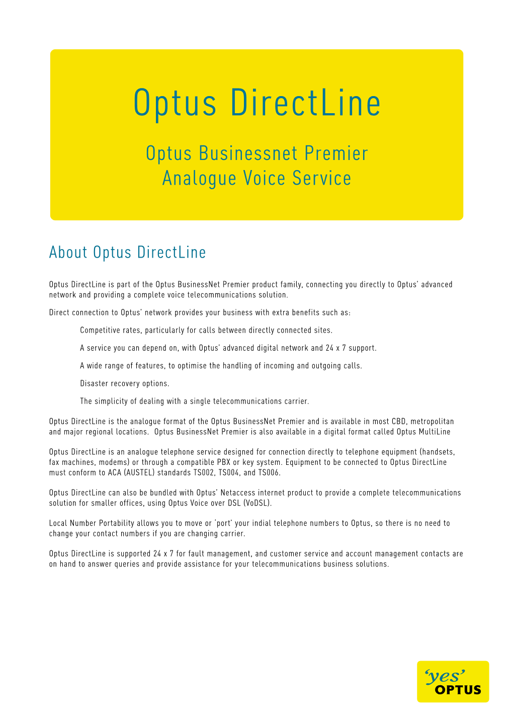 Optus Directline Optus Businessnet Premier Analogue Voice Service