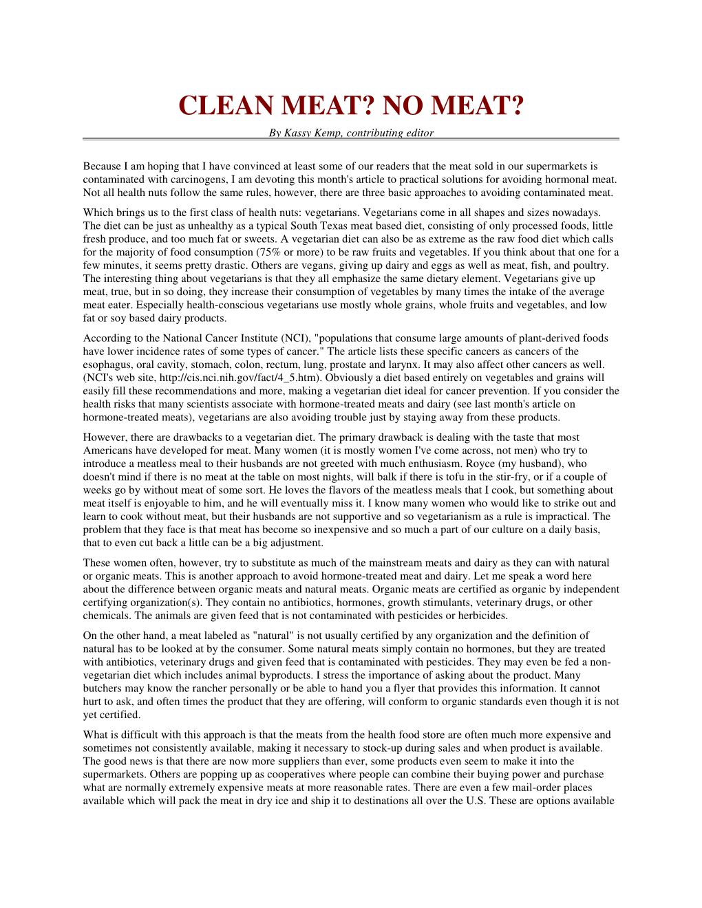 CLEAN MEAT? NO MEAT? by Kassy Kemp, Contributing Editor