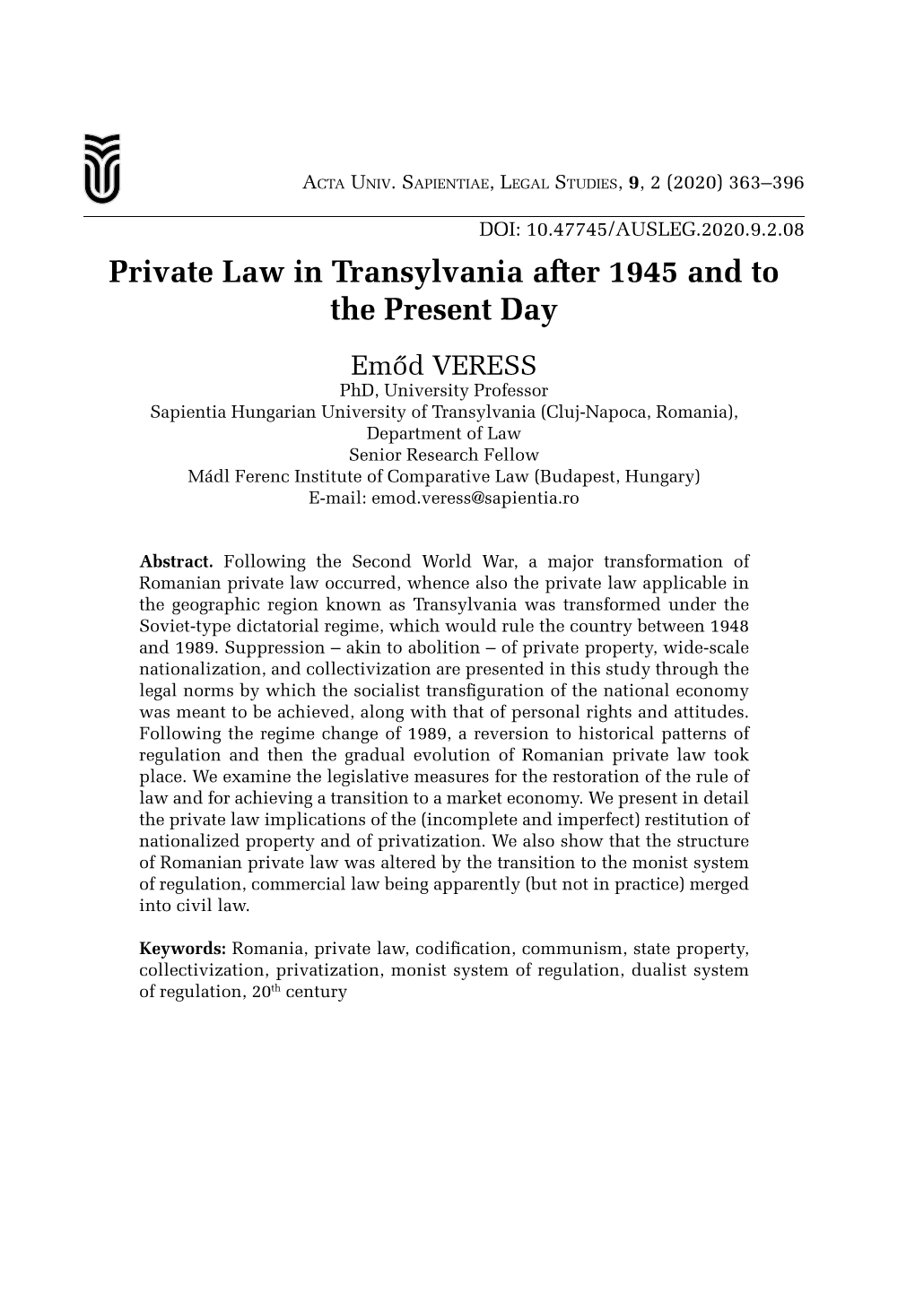 Private Law in Transylvania After 1945 and to the Present