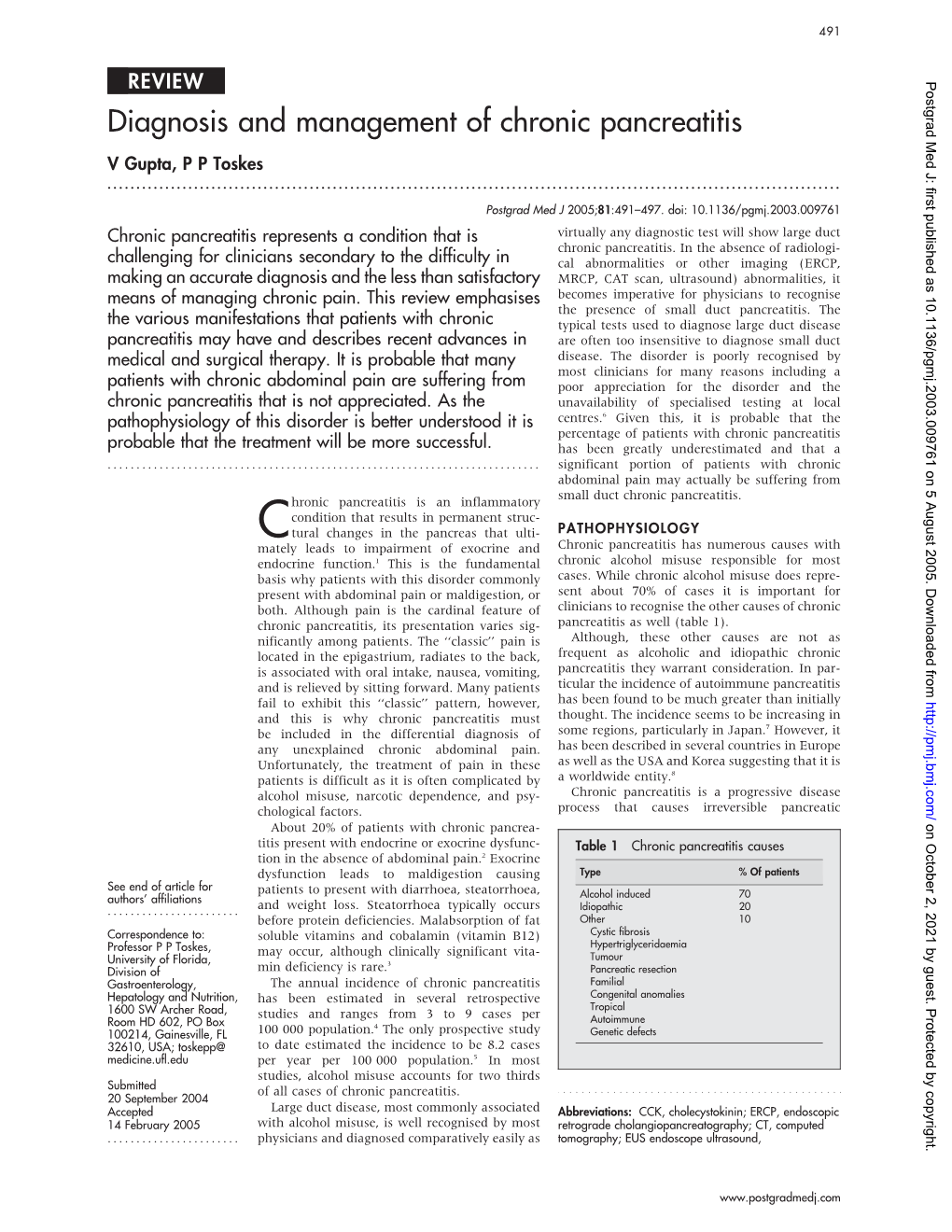 Diagnosis and Management of Chronic Pancreatitis V Gupta, P P Toskes