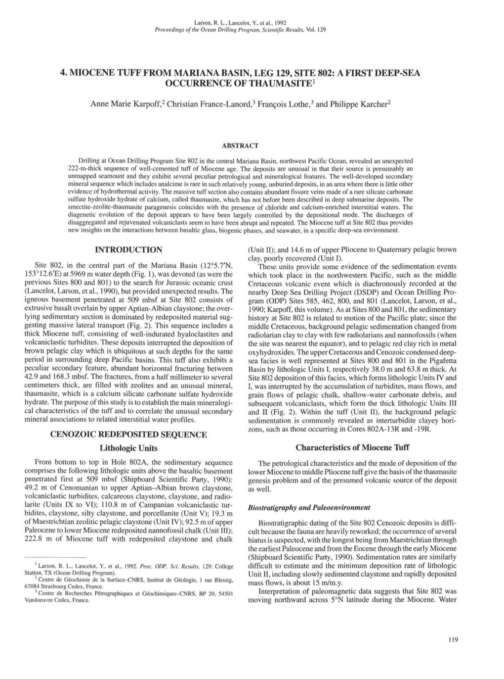 4. Miocene Tuff from Mariana Basin, Leg 129, Site 802: a First Deep-Sea Occurrence of Thaumasite1