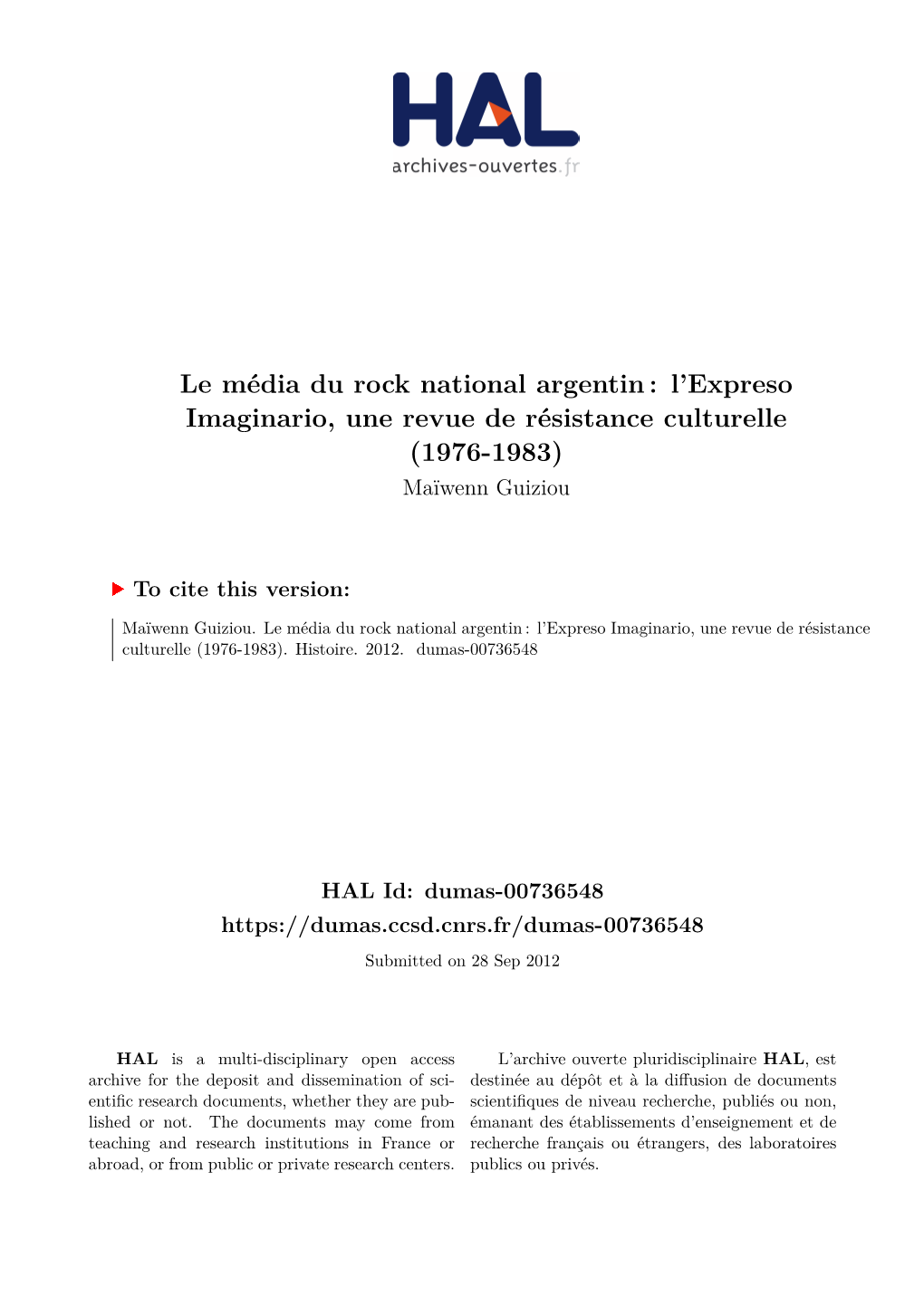 Le Média Du Rock National Argentin : L’Expreso Imaginario, Une Revue De Résistance Culturelle (1976-1983) Maïwenn Guiziou