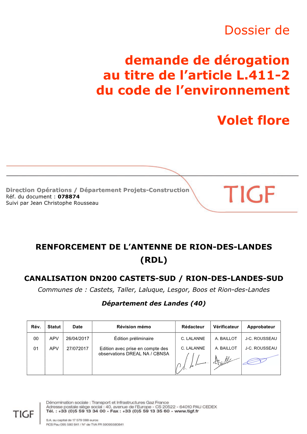 TIGF Projet Rion Des Landes Dossier Dérogation Volet Flore