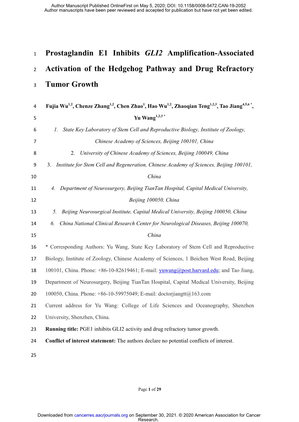 Prostaglandin E1 Inhibits GLI2 Amplification-Associated Activation of the Hedgehog Pathway and Drug Refractory Tumor Growth