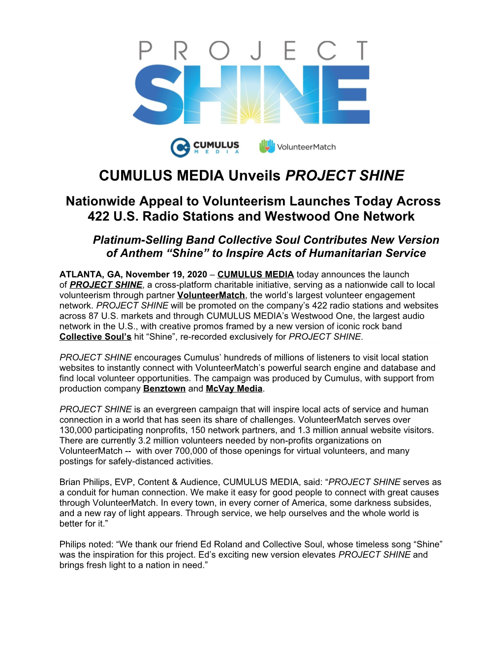 CUMULUS MEDIA Unveils PROJECT SHINE Nationwide Appeal to Volunteerism Launches Today Across 422 U.S