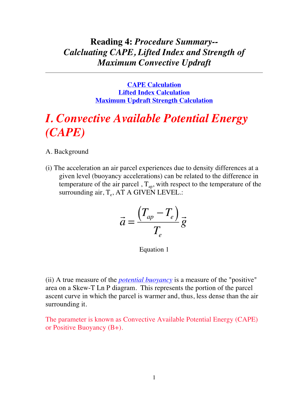 I. Convective Available Potential Energy (CAPE)