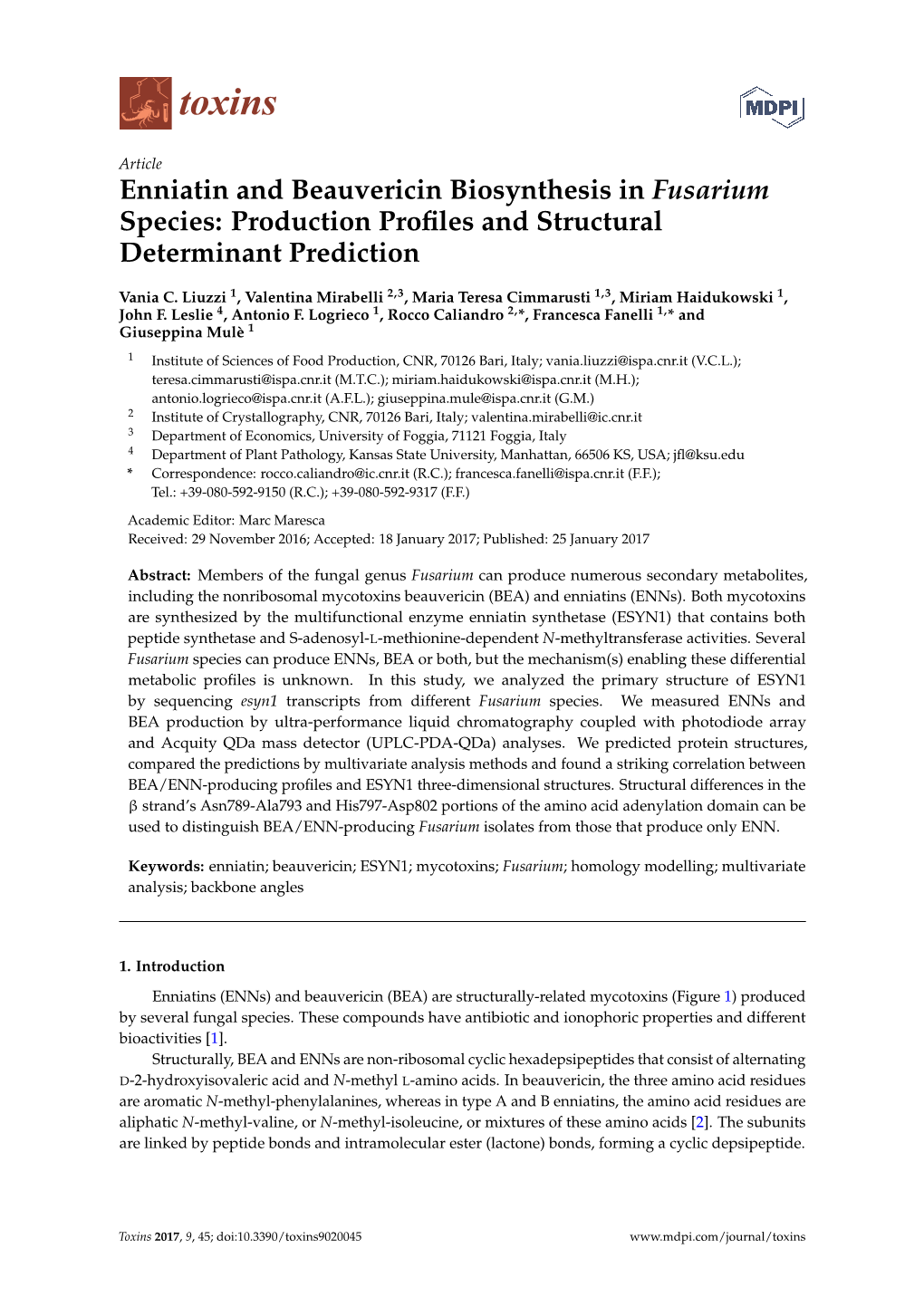 Enniatin and Beauvericin Biosynthesis in Fusarium Species: Production Proﬁles and Structural Determinant Prediction