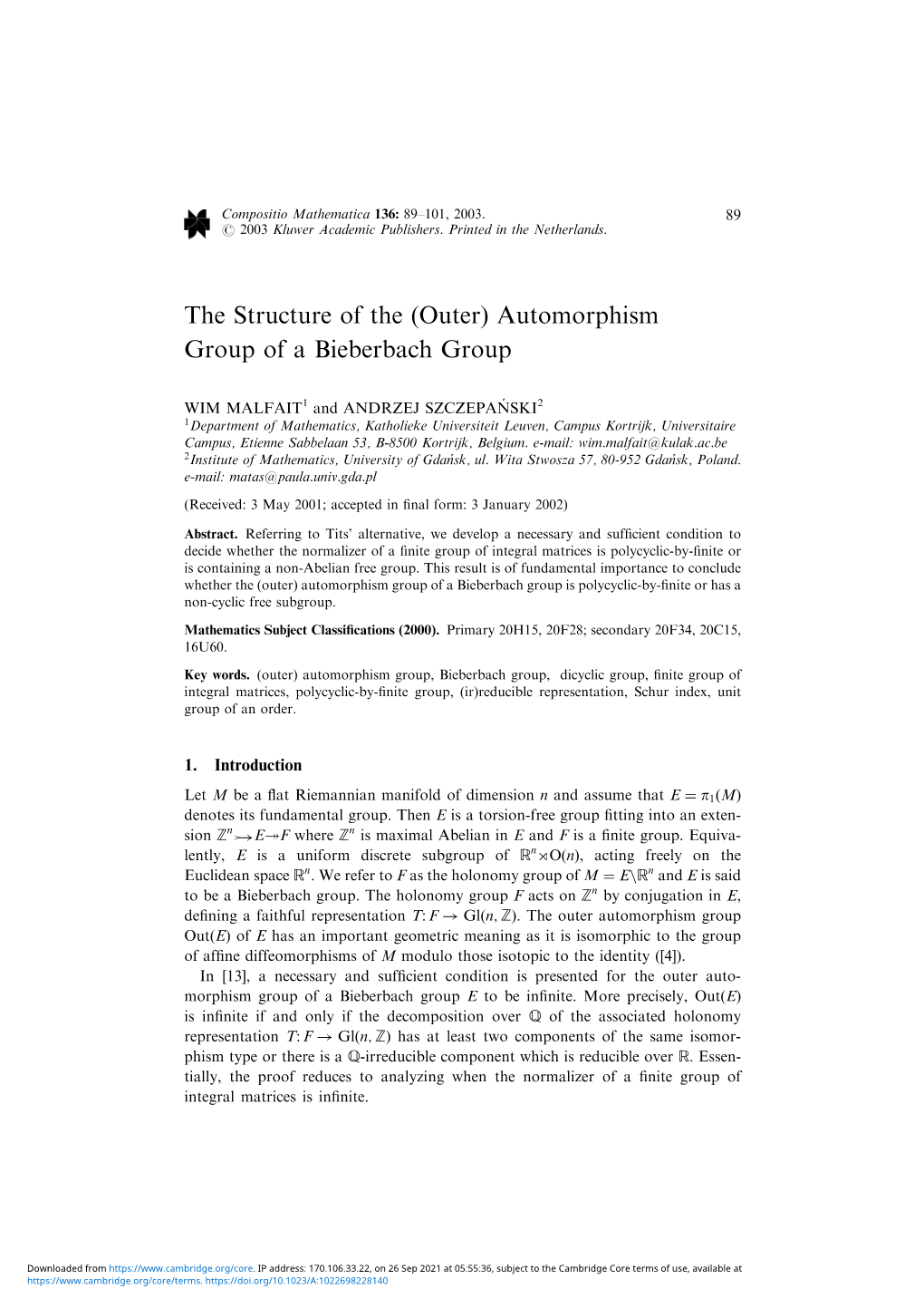 (Outer) Automorphism Group of a Bieberbach Group