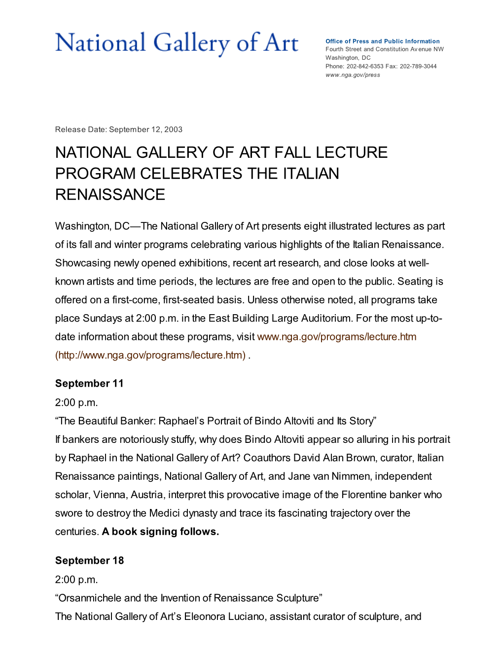 National Gallery of Art Fall Lecture Program Celebrates the Italian Renaissance