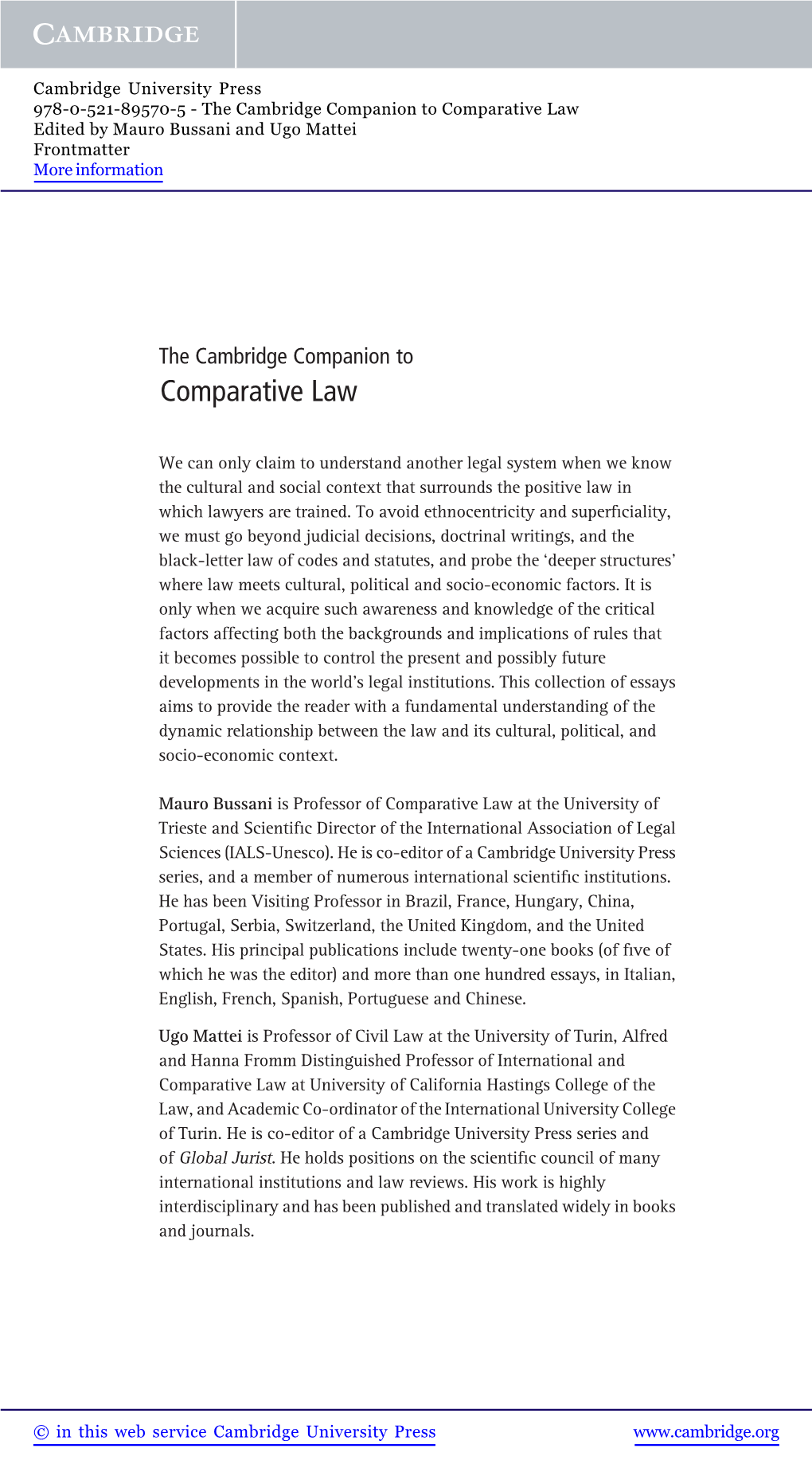 Comparative Law Edited by Mauro Bussani and Ugo Mattei Frontmatter More Information