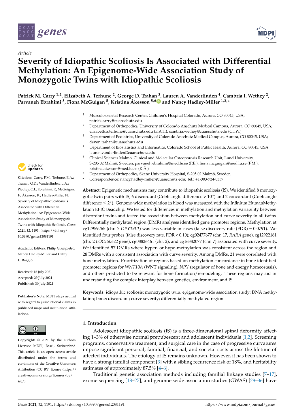 Severity of Idiopathic Scoliosis Is Associated with Differential Methylation: an Epigenome-Wide Association Study of Monozygotic Twins with Idiopathic Scoliosis