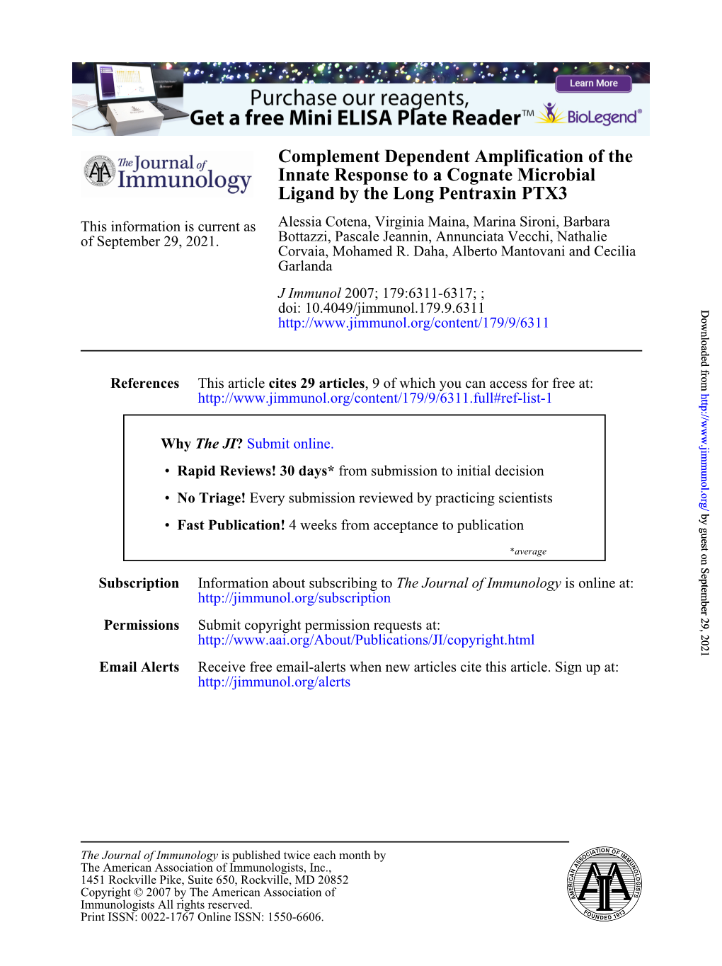 Ligand by the Long Pentraxin PTX3 Innate Response to a Cognate Microbial Complement Dependent Amplification Of