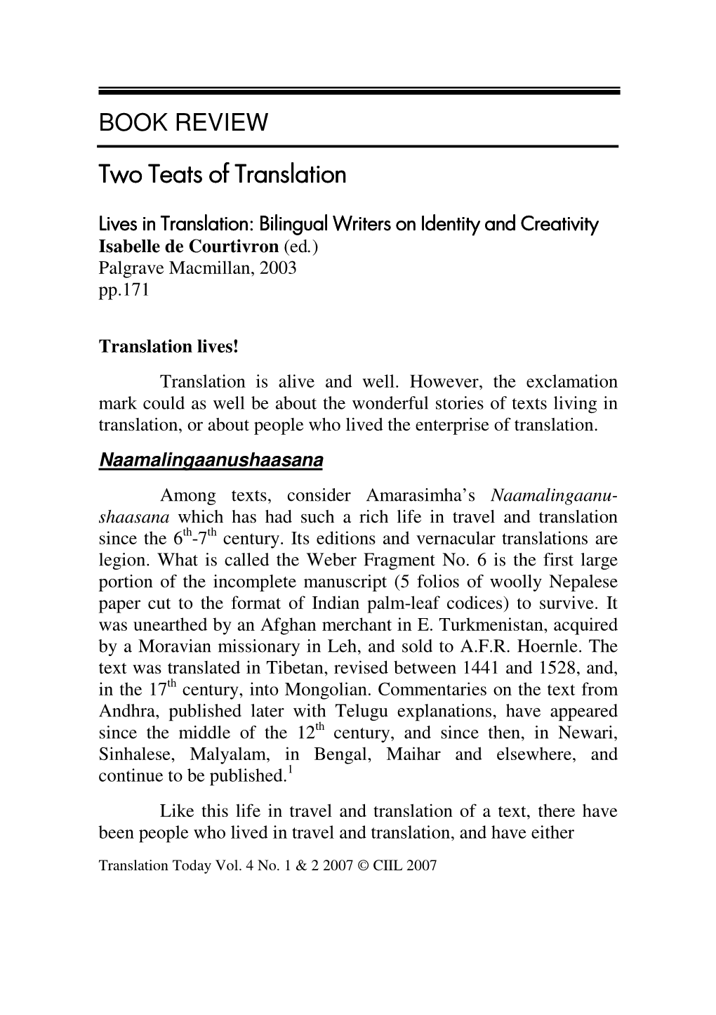 BOOK REVIEW Two Teats of Translation Two Teats of Translation