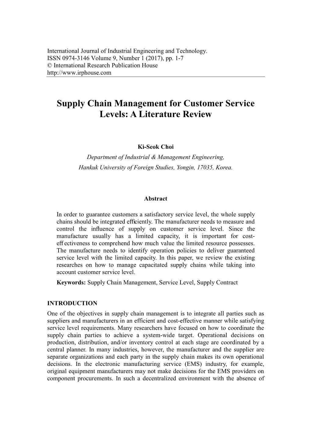 Supply Chain Management for Customer Service Levels: a Literature Review