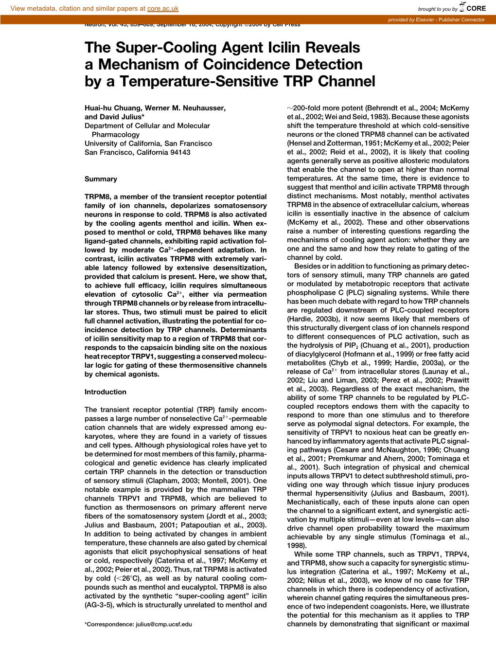 The Super-Cooling Agent Icilin Reveals a Mechanism Of