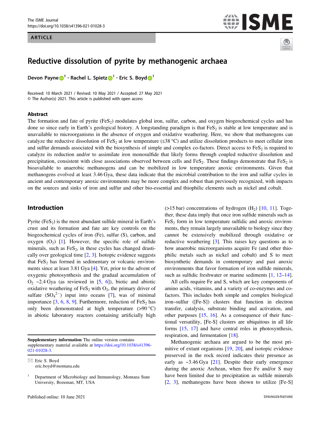 Reductive Dissolution of Pyrite by Methanogenic Archaea