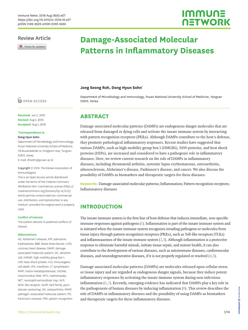 Damage-Associated Molecular Patterns in Inflammatory Diseases